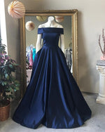 Load image into Gallery viewer, Navy-Blue-Prom-Dresses-Satin-Long-Evening-Gowns-Off-Shoulder
