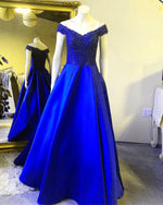 Load image into Gallery viewer, Lace Appliques Beaded Prom Dresses Satin Off-Shoulder Evening Gown
