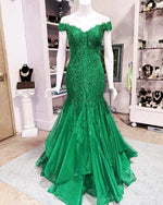 Load image into Gallery viewer, Elegant Lace Appliques V-neck Off The Shoulder Mermaid Prom Dresses 2018
