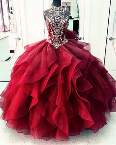 High Neck Crystal Beaded Organza Ruffles Ball Gowns Quinceanera Dresses 2022