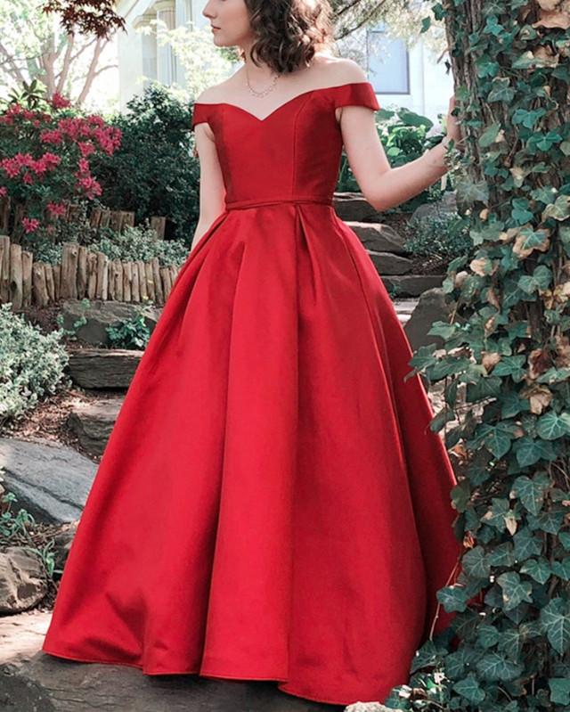 Long Satin Off-The-Shoulder Ball Gown Prom Dresses Plus Size
