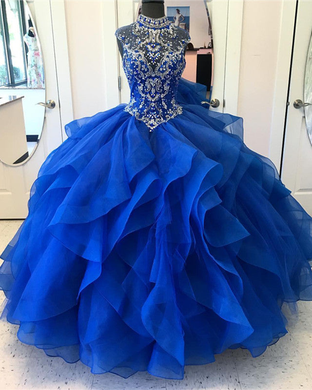 High Neck Crystal Beaded Organza Ruffles Ball Gowns Quinceanera Dresses 2022