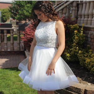 Sequins Beaded Top White Organza Ruffles Homecoming Dresses Two Piece