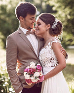 Load image into Gallery viewer, Lovely Lace Appliques Cap Sleeves Long Chiffon Split Beach Wedding Dresses

