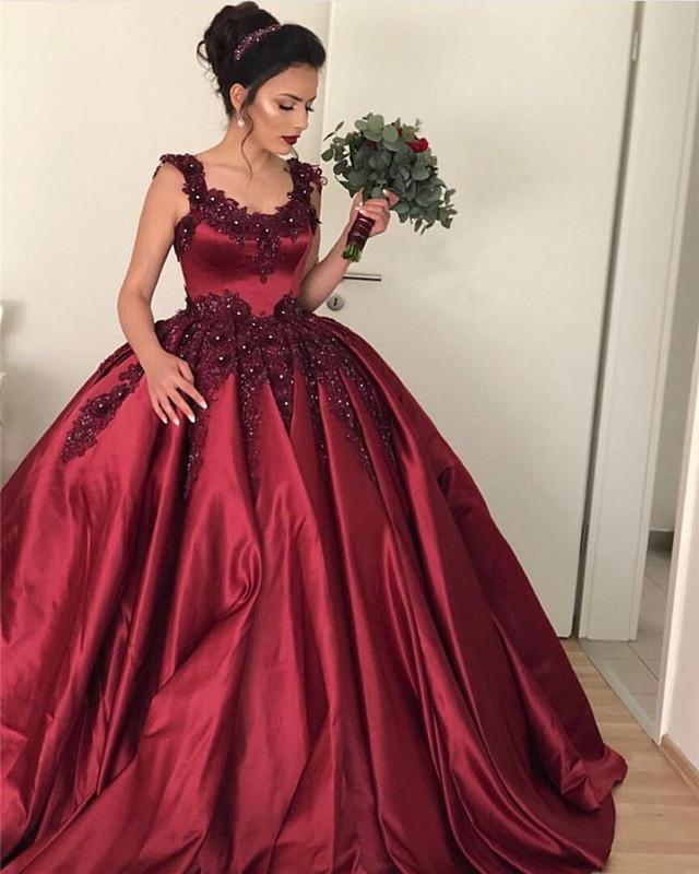Lace Beaded Sweetheart Satin Ball Gown Maroon Wedding Dresses