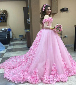 Beautiful Pink Flower Wedding Dresses Ball Gowns Off Shoulder