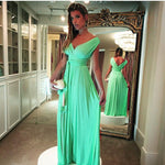 Load image into Gallery viewer, Long Chiffon V Neck Off Shoulder Turquoise Prom Dresses
