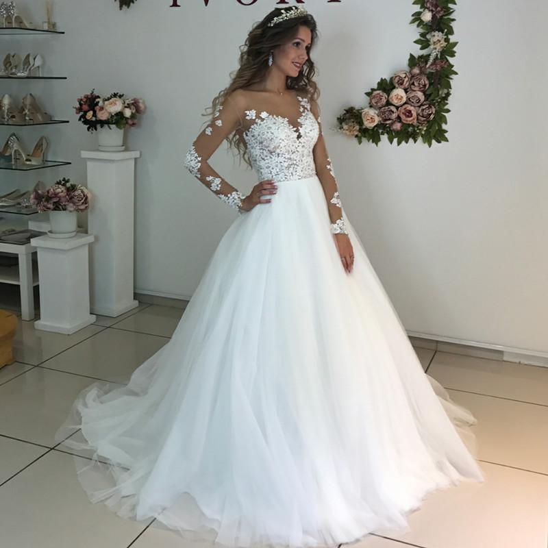 Elegant Lace Appliques Long Sleeves Wedding Dresses Ball Gowns