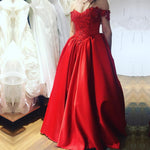 Load image into Gallery viewer, Elegant Lace Appliques Red Satin Long Formal Evening Dresses
