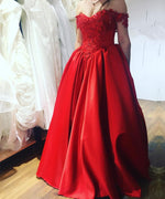 Cargar imagen en el visor de la galería, Elegant Lace Appliques Red Satin Long Formal Evening Dresses
