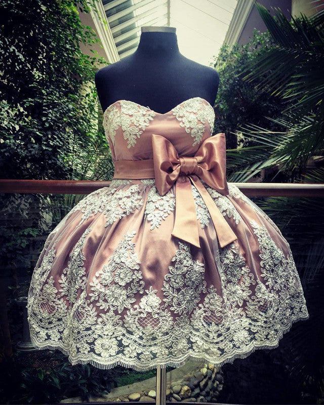 Lace Appliques Sweetheart Bow Sashes Satin Homecoming Dress 2019