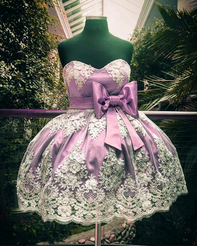 Lace Appliques Sweetheart Bow Sashes Satin Homecoming Dress 2019