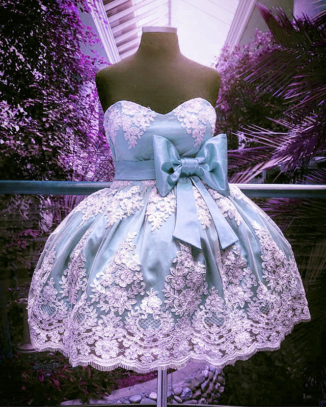 Lace Appliques Sweetheart Bow Sashes Satin Homecoming Dress 2019