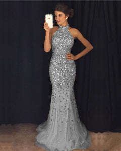 Luxurious Crystal Beaded Open Back Champagne Mermaid Prom Dresses
