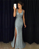 Afbeelding in Gallery-weergave laden, Silver-Gray-Prom-Dresses-2019-Crystal-Beaded-Mermaid-Evening-Gowns
