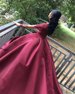 Load image into Gallery viewer, Lace Appliques Beaded Long Sleeves Satin Wedding Dresses Ball Gowns

