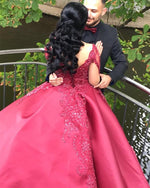Load image into Gallery viewer, Lace Appliques Beaded Long Sleeves Satin Wedding Dresses Ball Gowns
