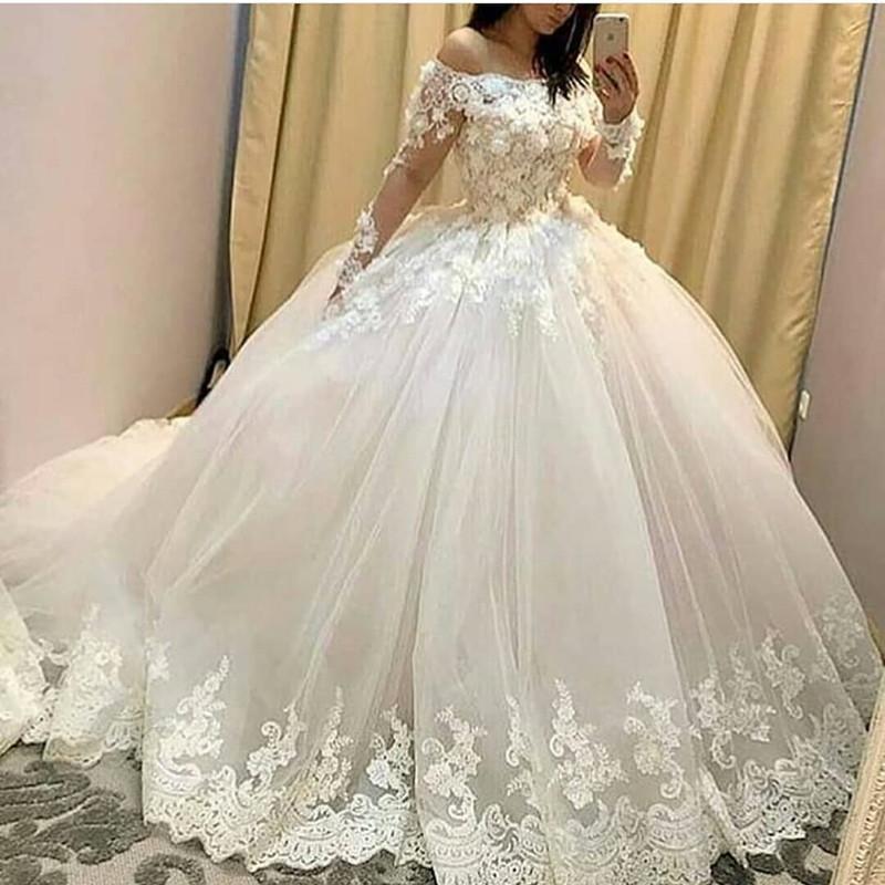Lace Long Sleeves Tulle Off Shoulder Wedding Dresses Ballgowns