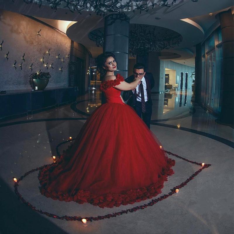 Off Shoulder Tulle Ball Gown Flower Wedding Dresses