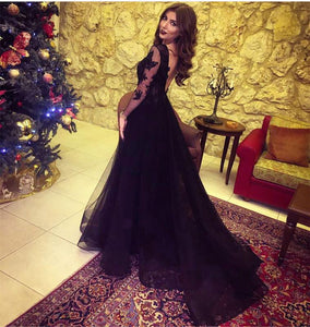 Long Sleeves V Neck Black Formal Dresses Lace Appliques Prom Gowns