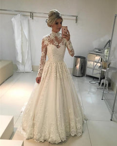 A-line-High-Neck-Illusion-Sleeves-Wedding-Dresses-Ball-Gowns