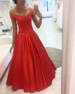 Load image into Gallery viewer, Off-Shoulder Satin V-neck Floor Length Prom Dresses Ball Gowns
