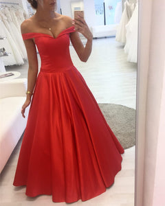 Off-Shoulder Satin V-neck Floor Length Prom Dresses Ball Gowns