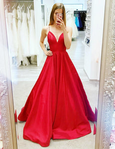 Long Prom Dresses 2019 Satin V-neck Floor Length Evening Gowns