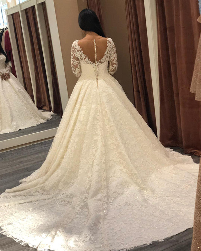 Sheer Neckline Long Sleeves Lace Wedding Dresses Ball Gowns