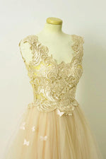 Load image into Gallery viewer, A Line Lace Cap Sleeves Long Champagne Tulle Evening Dresses
