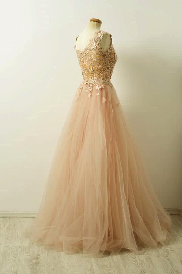 A Line Lace Cap Sleeves Long Champagne Tulle Evening Dresses
