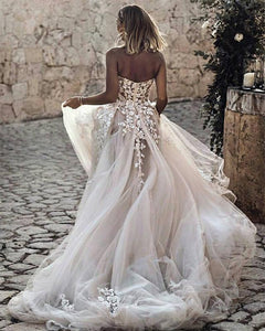 Lace Embroidery Sweetheart See Through Corset Tulle Wedding Dresses 2019