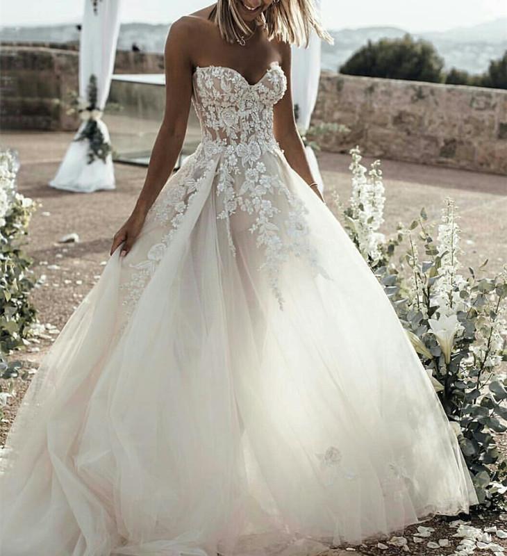 Lace Embroidery Sweetheart See Through Corset Tulle Wedding Dresses 2019