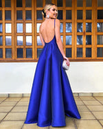 Load image into Gallery viewer, Simple Long Satin Empire Prom Dresses V-neck 2019
