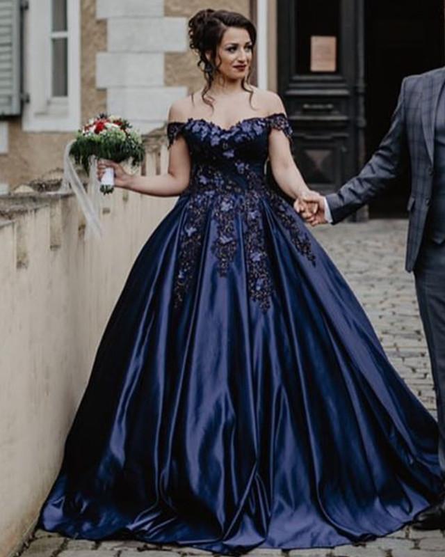 Lace Embroidery Beaded Off The Shoulder Satin Wedding Ballgown Dresses