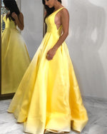 Cargar imagen en el visor de la galería, Simple-Satin-Long-Yellow-Evening-Dresses-Floor-Length-Prom-Gowns-2019
