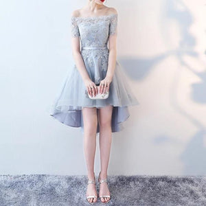 Asymmetric Style Silver Tulle Off Shoulder Bridesmaid Dresses Lace Appliques