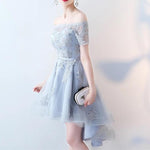 Load image into Gallery viewer, Asymmetric Style Silver Tulle Off Shoulder Bridesmaid Dresses Lace Appliques
