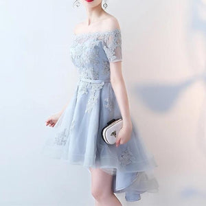 Asymmetric Style Silver Tulle Off Shoulder Bridesmaid Dresses Lace Appliques