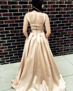 Cargar imagen en el visor de la galería, Sexy Deep V-neck Bow Back Long Satin Prom Dresses 2019
