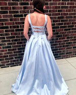 Cargar imagen en el visor de la galería, Sexy Deep V-neck Bow Back Long Satin Prom Dresses 2019
