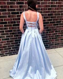 Sexy Deep V-neck Bow Back Long Satin Prom Dresses 2019