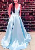 Cargar imagen en el visor de la galería, Sexy Deep V-neck Bow Back Long Satin Prom Dresses 2019
