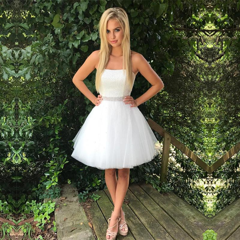 White Satin Sleeveless Homecoming Dresses Short Prom Gowns 2018