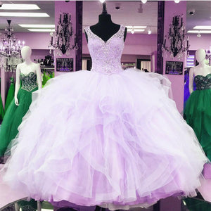 Lace Beaded V Neck Organza Layered Ball Gowns Quinceanera Dresses Pink