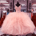 Load image into Gallery viewer, Lace Beaded V Neck Organza Layered Ball Gowns Quinceanera Dresses Pink
