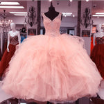 Cargar imagen en el visor de la galería, Lace Beaded V Neck Organza Layered Ball Gowns Quinceanera Dresses Pink
