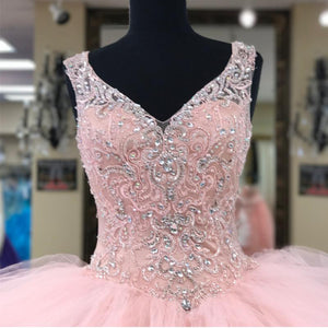 Lace Beaded V Neck Organza Layered Ball Gowns Quinceanera Dresses Pink