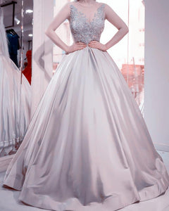 Satin Ball Gowns Prom Dresses Lace Appliques With Sheer Neckline