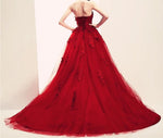 Load image into Gallery viewer, Burgundy Floral Lace Sweetheart Tulle Ball Gown Wedding Dresses

